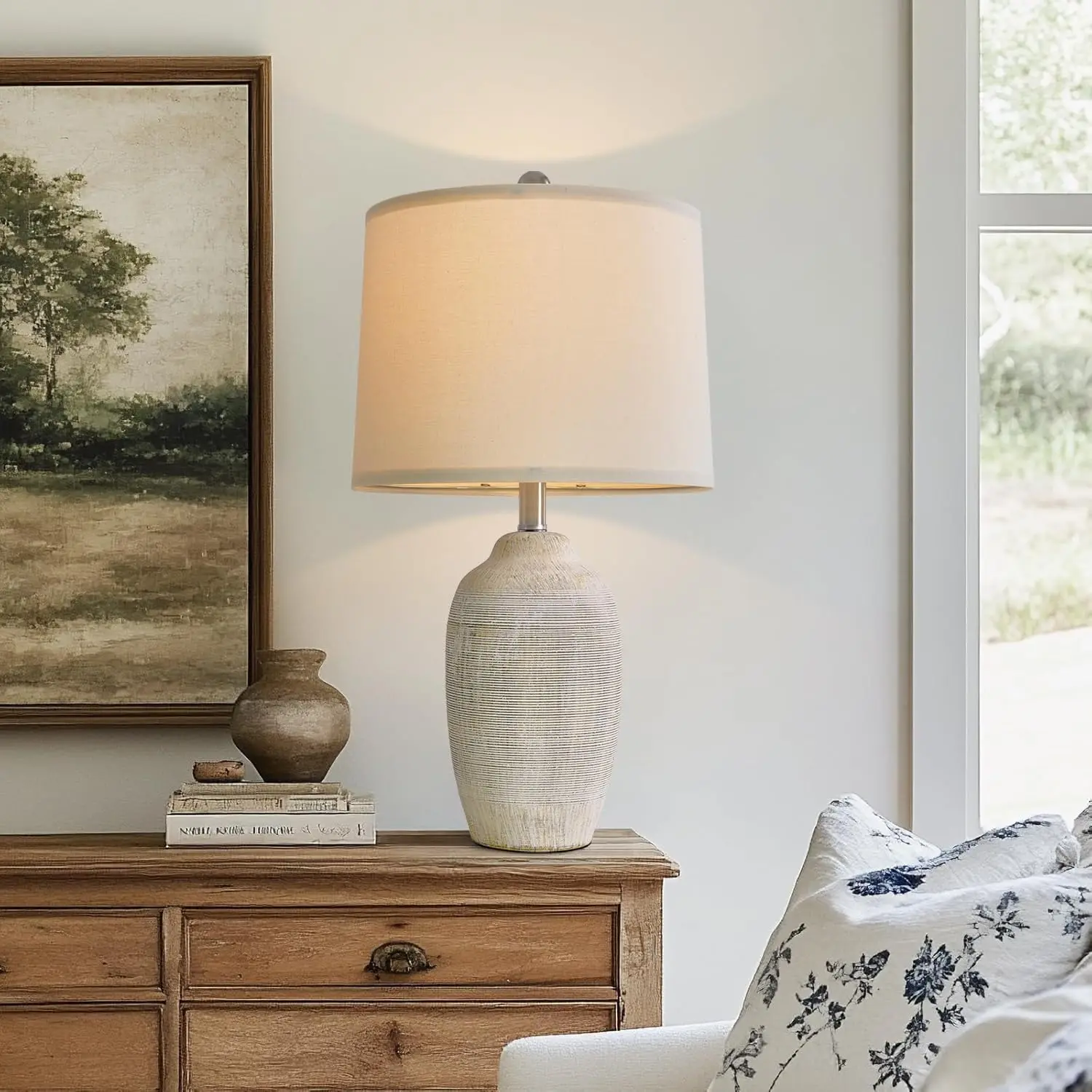 

24 Inch Vintage Ceramic Table Lamp with 5FT Cord, Farmhouse Rustic Bedside Lamp for Living Room and Bedroom