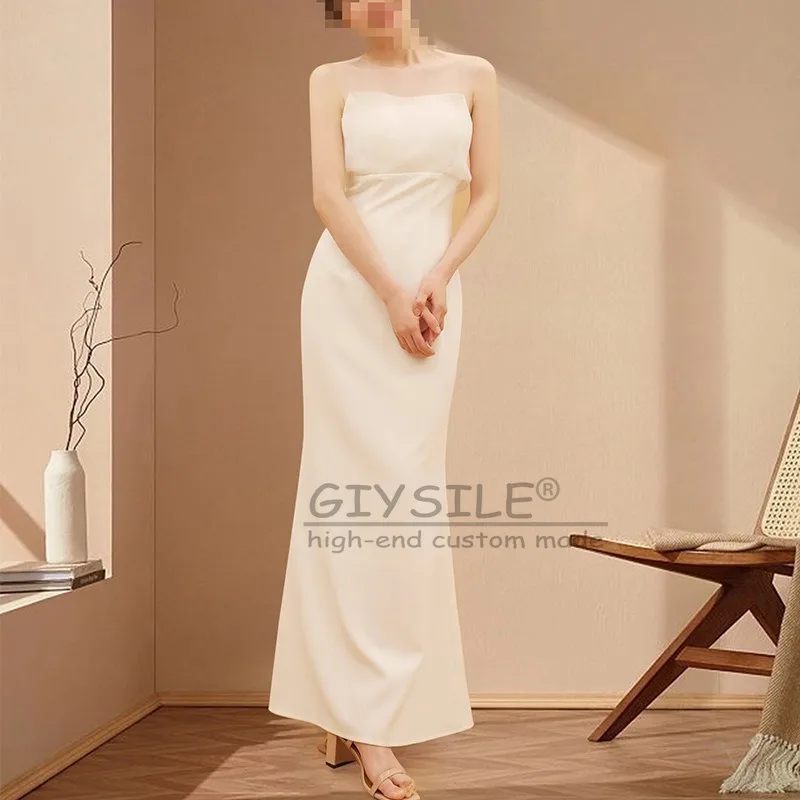 GIYSILE Aangepaste witte trouwjurk Eenvoudige satijnen Hepburn windtaille Fishtail mouwloze formele dames elegante avondjurken