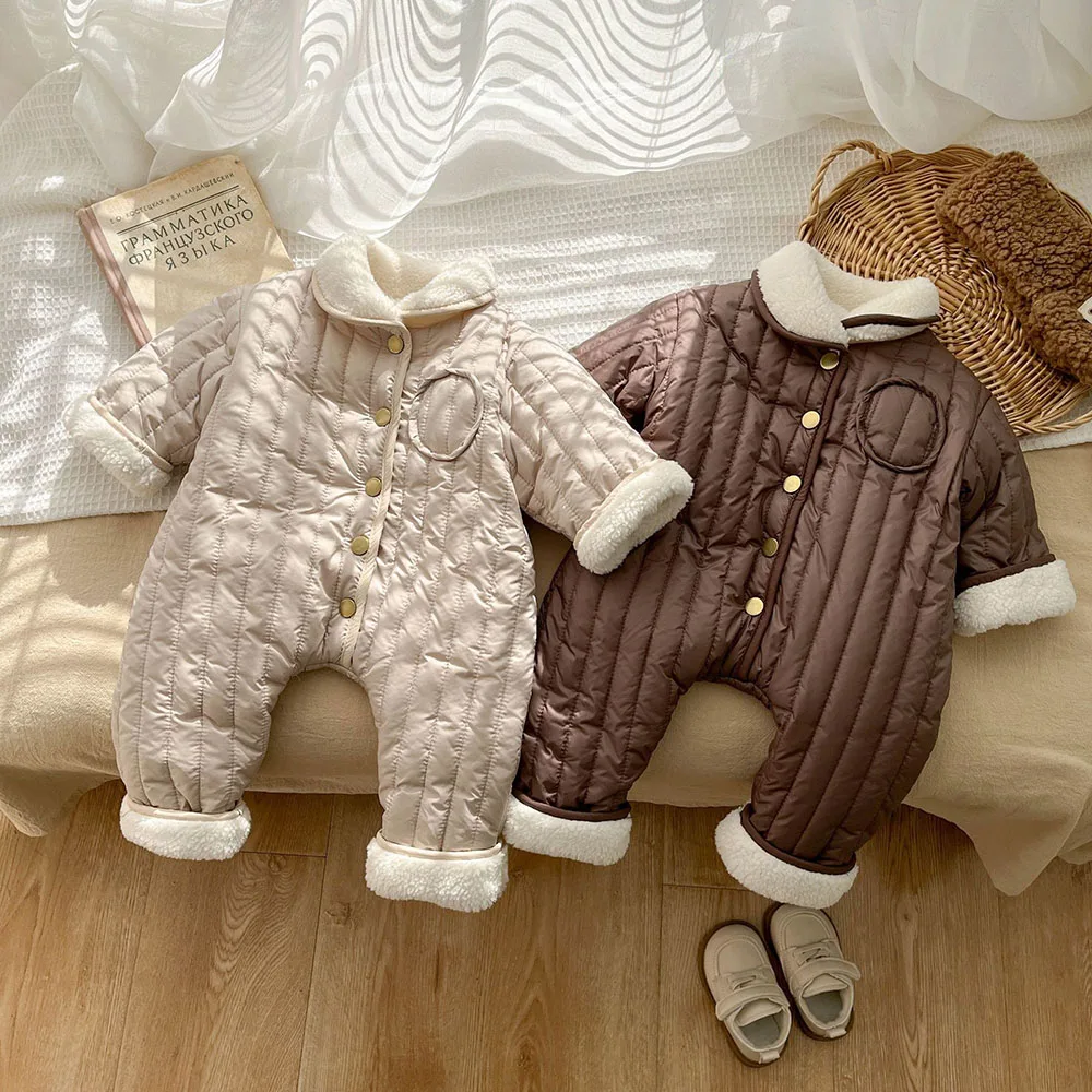 

Infant Quilted Jumpsuit For Winter Fashion Fur Collar Fleece Thick Warm Children's Cotton Rompers Baby Boys Girls Outing Clothes