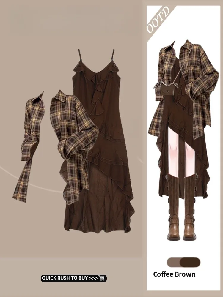 

Весенний винтажный свободный длинный комплект из двух предметов в клетку Sve irt Dr, универсальный комплект из двух предметов с маленьким черным воротником на пуговицах