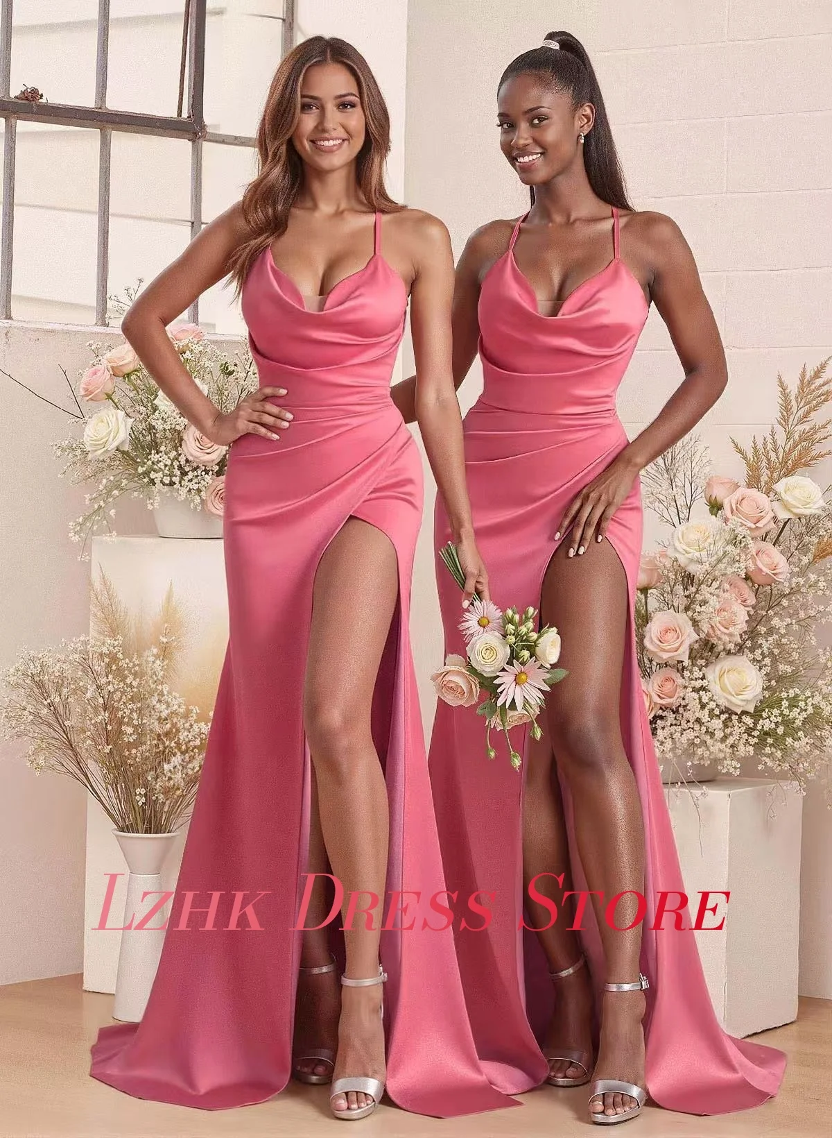 사용자 정의 섹시한 새틴 인어 스파게티 스트랩 이브닝 드레스 섬세한 민소매 연인 바닥 길이 맞춤형 행사 가운