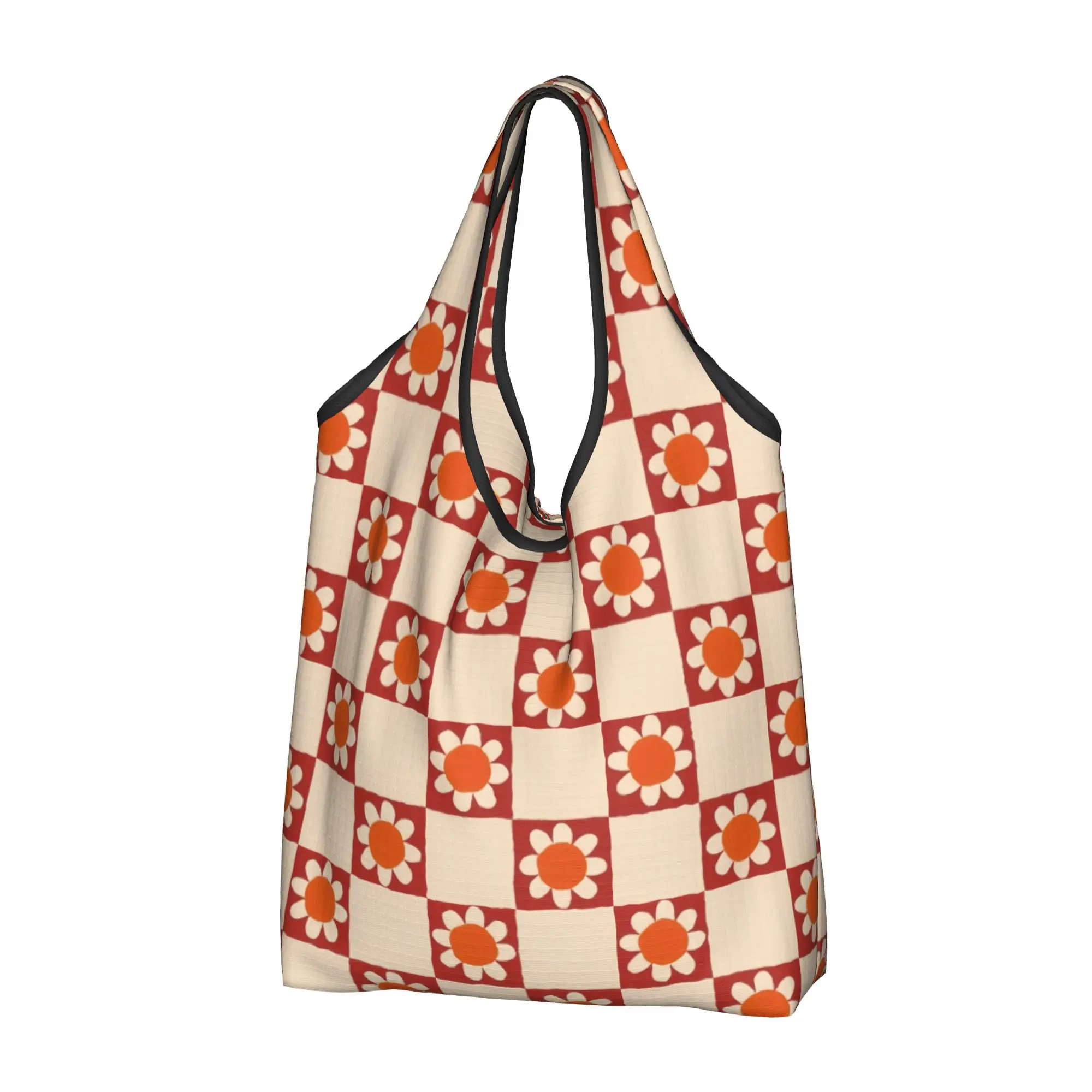Kawaii Print Sunflower Checkerboard Daisy Cream Shopping Tote Bags Portable Shopper Shoulder  Handbag
