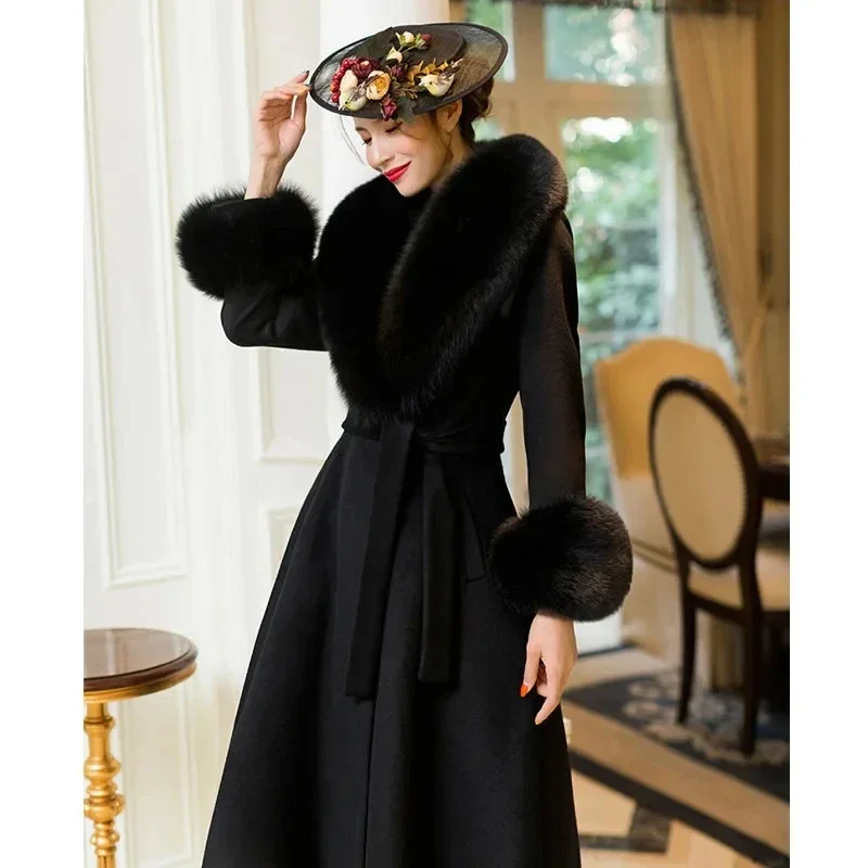 جديد لخريف وشتاء 2026 معطف صوفي كبير بياقة من الفرو على الوجهين النسخة الكورية معاطف صوف ضيقة للسيدات مع حزام #3