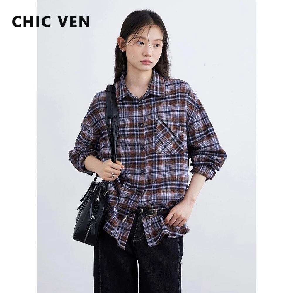 

CHIC VEN корейская женская рубашка однобортная новая свободная повседневная хлопковая клетчатая рубашка женские блузки с длинными рукавами осень-зима 2025