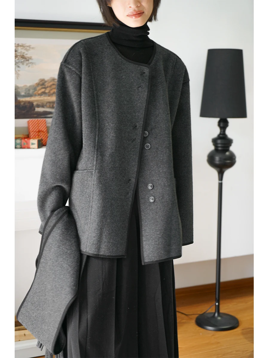 

Simple Tassel Wool Scarf Pure Color Versatile 70 Wool Coat Outerwear for Autumn Winter Ele Commute Loose Fit Long Sve