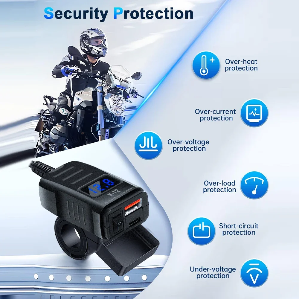 USB-Motorrad-Ladegerät PD+QC3.0 Wasserdichter Schnellladegerät-Adapter Lenker-Montagehalterung Ladegerät 12V/24V Motorrad – Detail 6