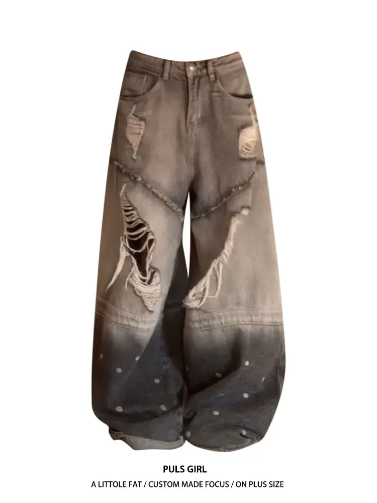 

Large Size American Retro Washed Gradient Hole Denim Pants Women's Loose Drapey Wide Leg Floor-Length Trousers Casual High Waist