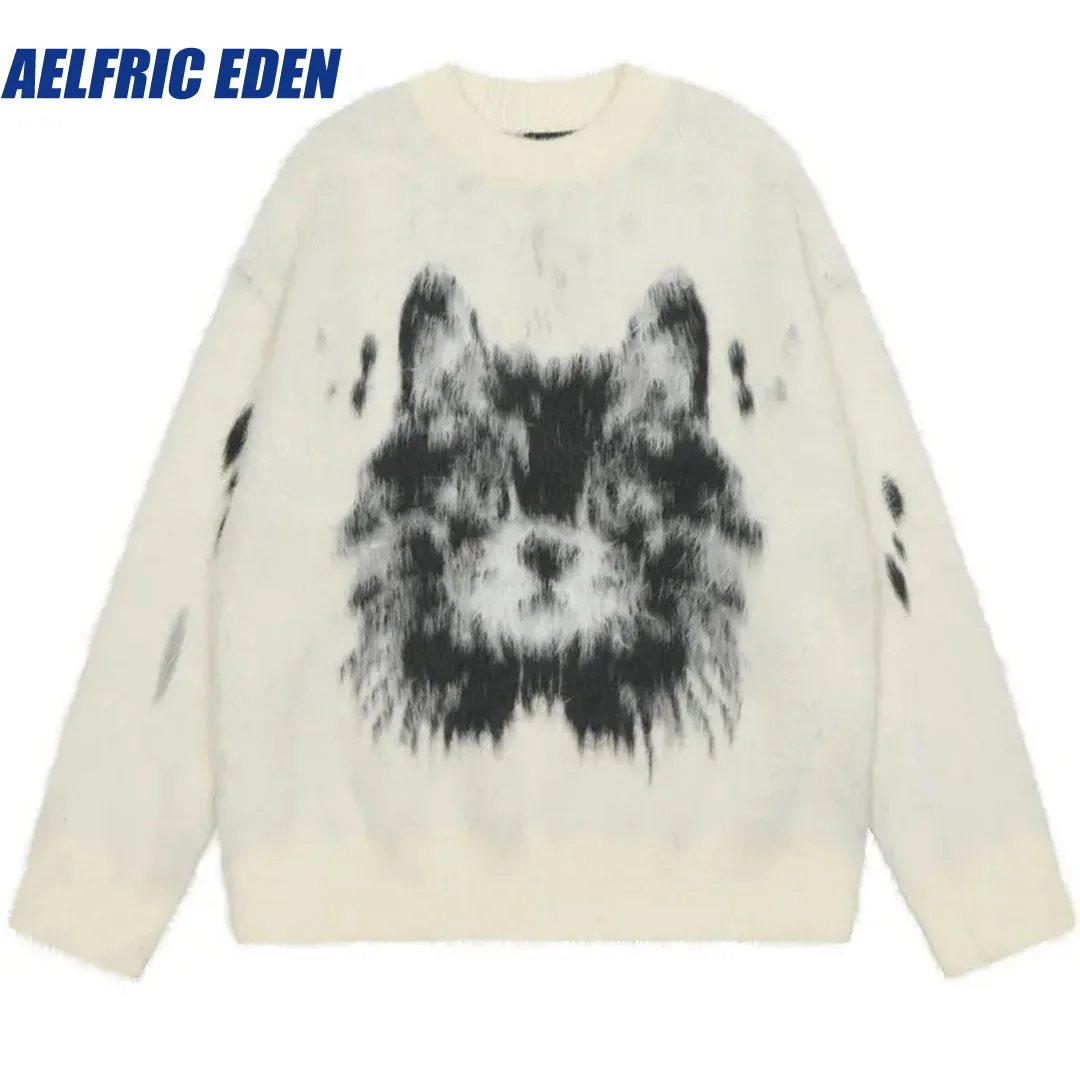 

Aelfric Eden Harajuku Cat Sweater Y2K Hip Hop Knitted Fluffy Fuzzy Cat Jumper Streetwear Men Casual Loose Punk Goth Pullover Top