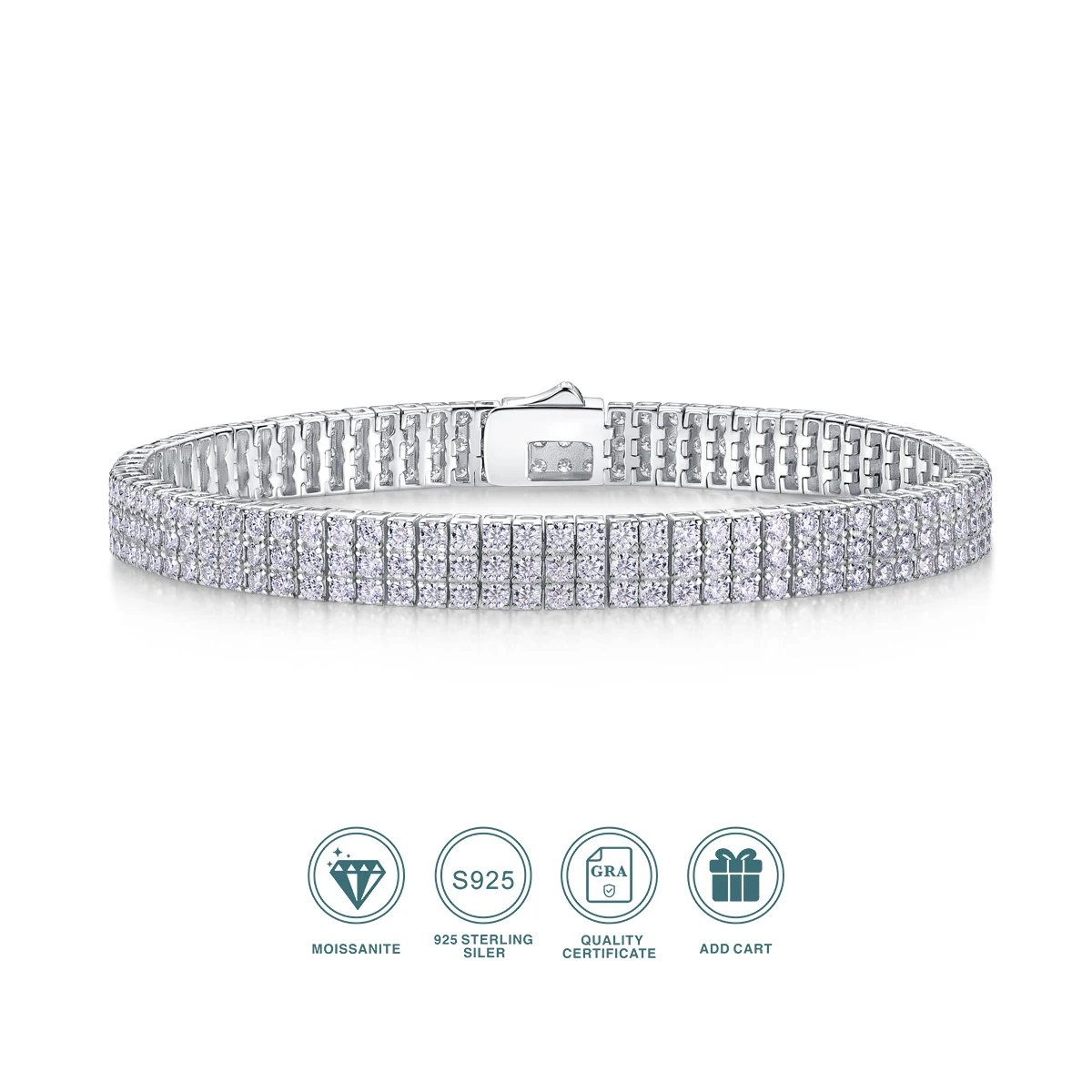

JIUZAN 2mm Elegant 3 Rows Moissanite Tennis Bracelet, 925 Sterling Silver Luxury Style Jewelry, Exquisite Fashion Wristlets