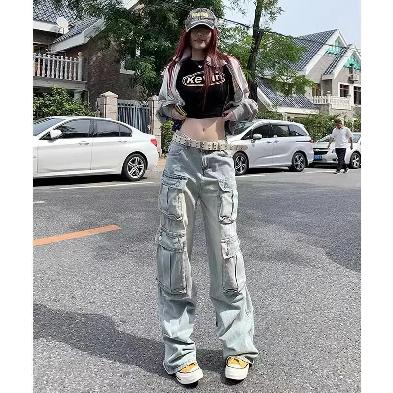 2026 New Light Blue Multi-pocket Cargo Pants Women Spring Summer Retro Was Straight Jeans Unique Design Trendy Long Trousers
