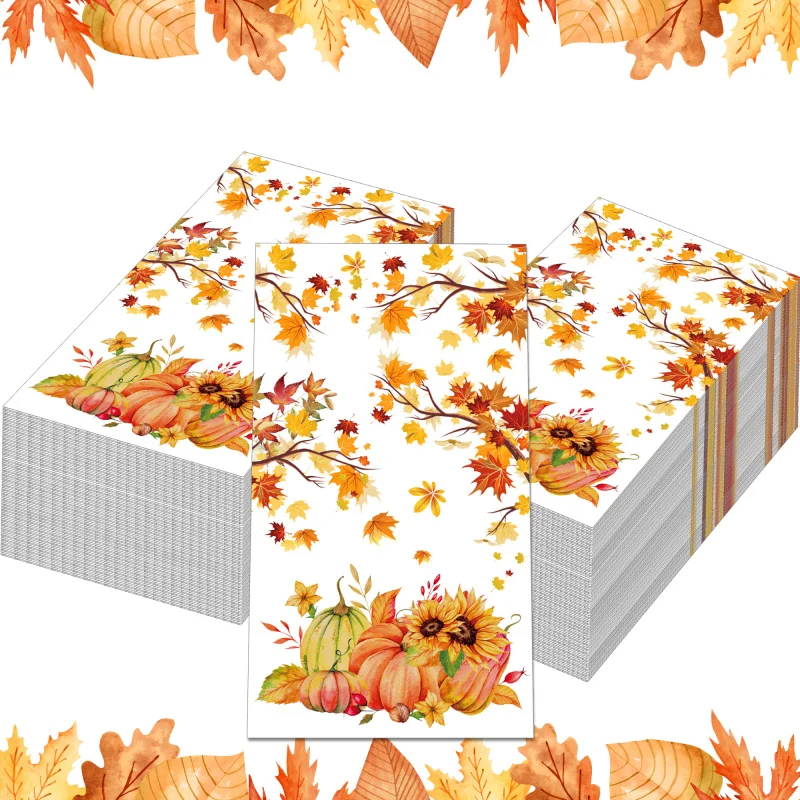 20pcs Thanksgiving Day Maple Leaf Pumpkin Paper Napkins Disposable Long Guest Napkin for Thanksgiving Party Table Decor Supplies