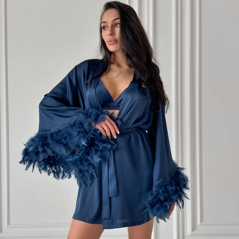 

Feathers Patchwork Glossy Satin Pajamas 3 Piece Set Women Autumn Bra + Long Sleeve Sleepwear Robe with Sashes + Shorts Home Suit