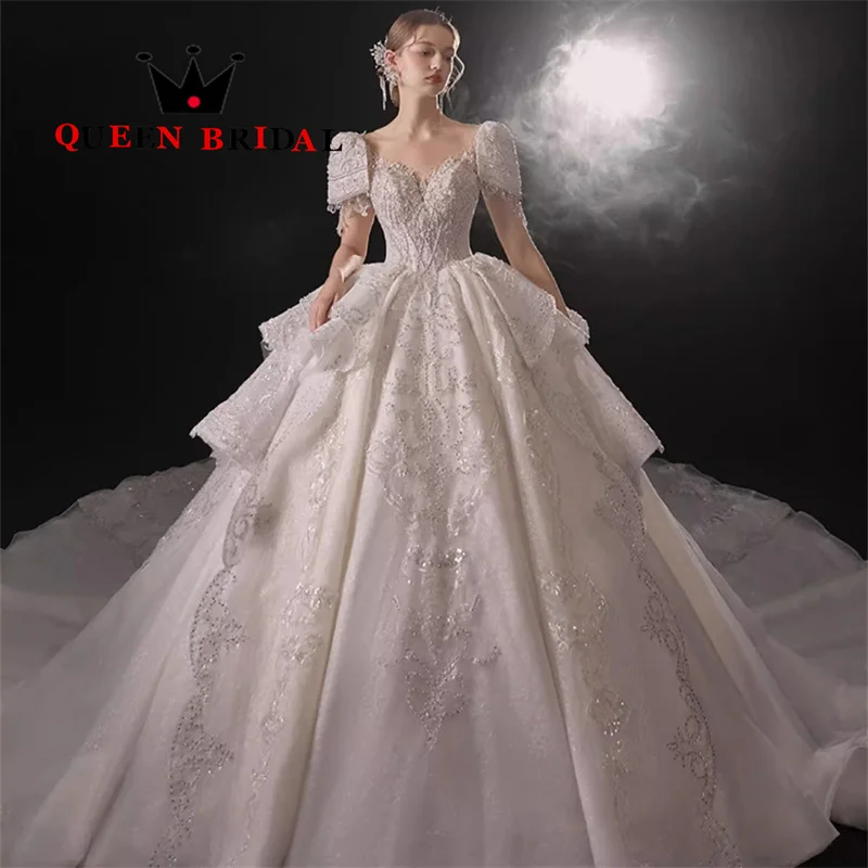 Exquisite Beading Pearls Lace Wedding Dresses Short Sleeve Vestidos Para Mujer Elegantes y Bonitos Bridal Gown Custom Z02Z