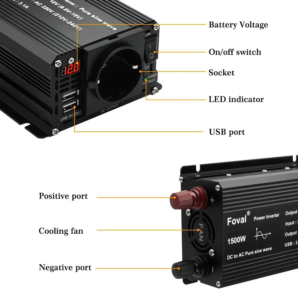 Inversor de onda sinusoidal pura de 12V y 220V, 3000W, 2600W, 2200W, 1500W, enchufe UE UN, convertidor de frecuencia de 50Hz, transformador inversor