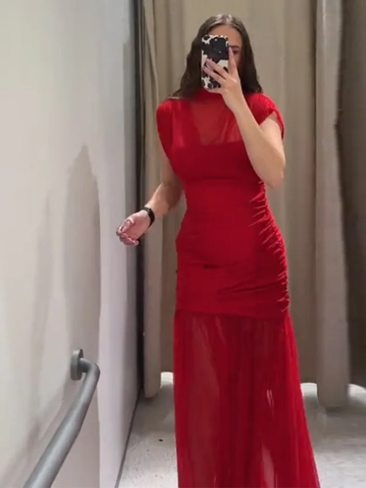 Seksowna czerwona plisowana siateczka długa czerwona sukienka bez rękawów przepuszczalność Patchwork sukienki w kształcie litery A kobiece 2025 letnia dama wąskie szaty