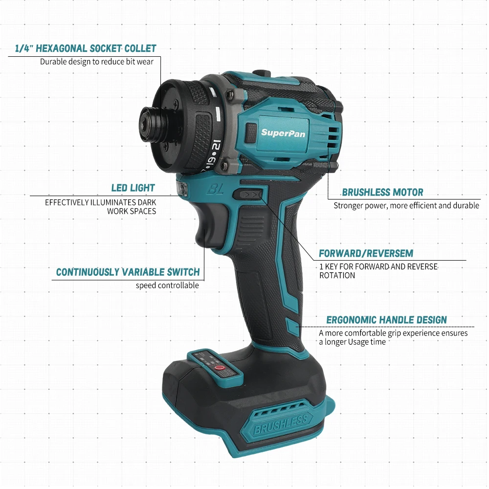 

Electric Screwdriver, 135Nm Torque, 3900IPM, 1/4" Hex, Ergonomic Grip for Woodworking & Repairs,For makita Battery