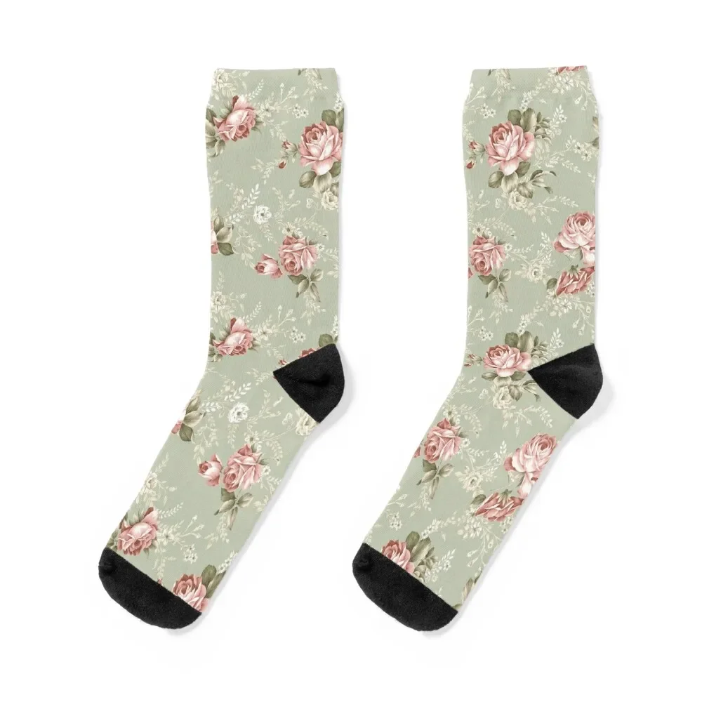 

Vintage Blush Roses - Sage Green Background Socks christmass gift cartoon Novelties Socks Women Men's