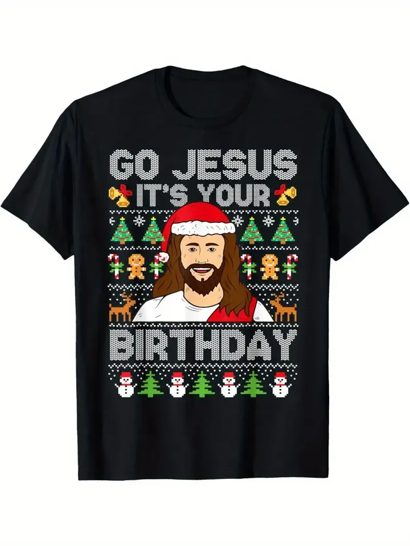 

Men's Funny Ugly Christmas 'Go Jesus It's Your Birthday' Graphic T-Shirt - Black