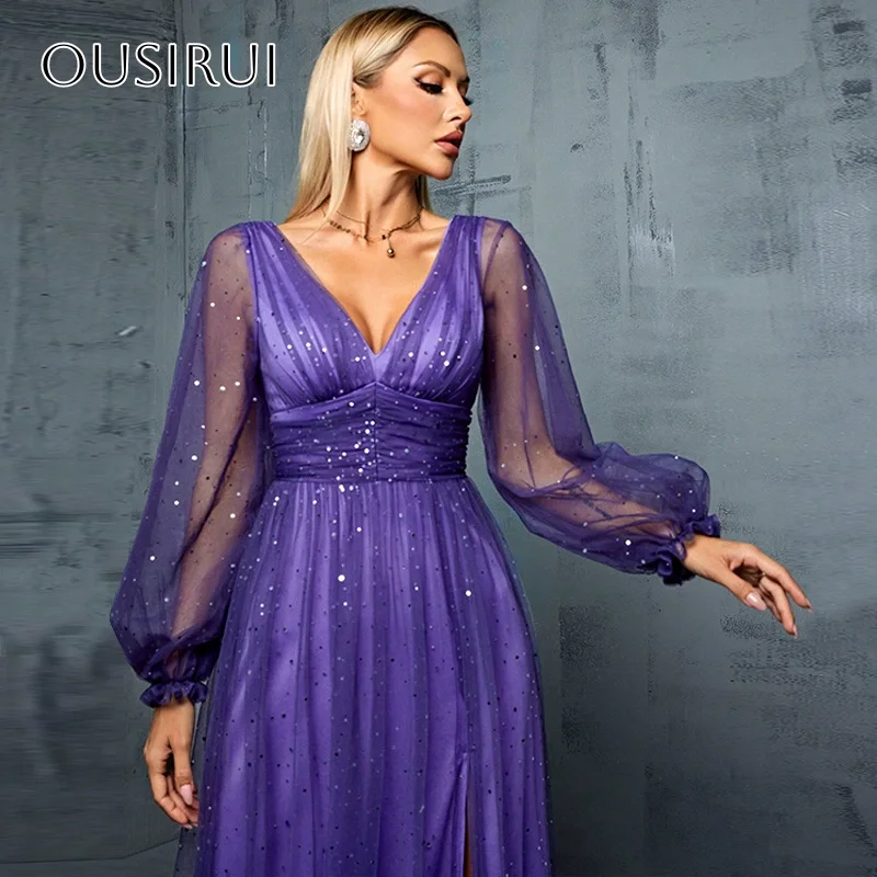 Simple V-neck A-line Long Sleeves Sequined Tulle Prom Gown V-back Floor Length Split Pleated Customized vestido de noiva