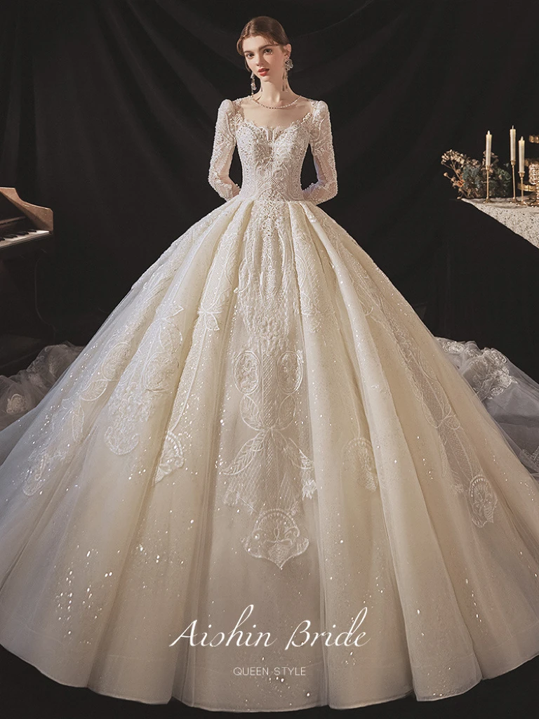 

Ivory Wedding Dresses Illusion O-Neck 3/4 Puff Sleeve Applique Embroidery French Tailing Beading Customized High-End Bride Gowns