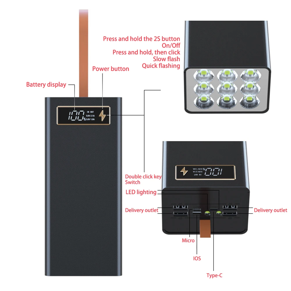 sin soldadura desmontable de gran capacidad 21*18650 caja de batería DIY Kit de carcasa de banco de energía móvil con luz LED