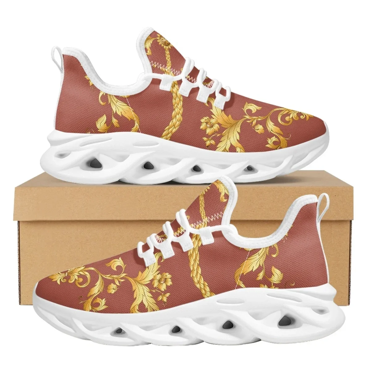 Women Shoes Luxury Sneakers Golden Floral Design Lace Up Couple Walking Flats 2024 Trendy New Zapatos Dropshipping