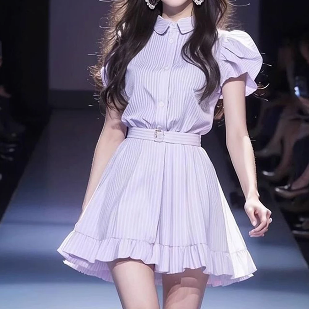 

New high-end exquisite bubble sleeve striped shirt dress with fashionable waist cinching and slimming short ruffle edge