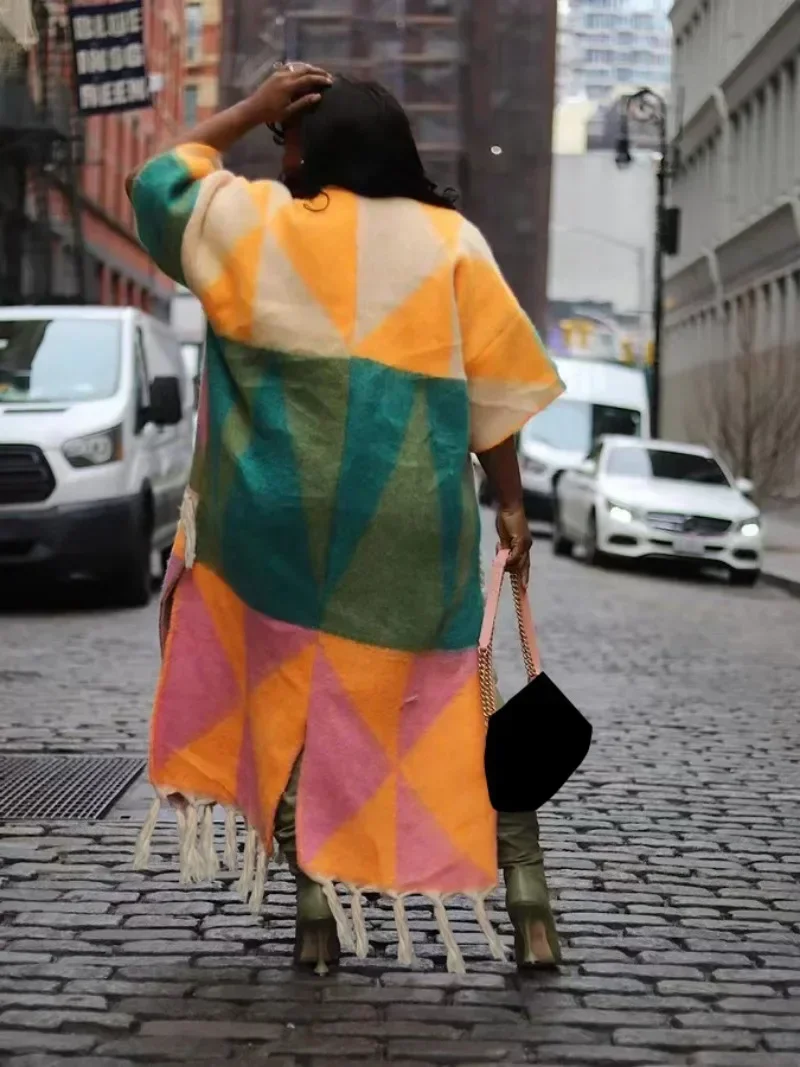 GUWU الخريف الشتاء محبوك سترة سترة عباءة الرأس النساء ملابس خارجية المرقعة شرابة هيم المفتوحة غرزة فضفاضة القوطية معاطف