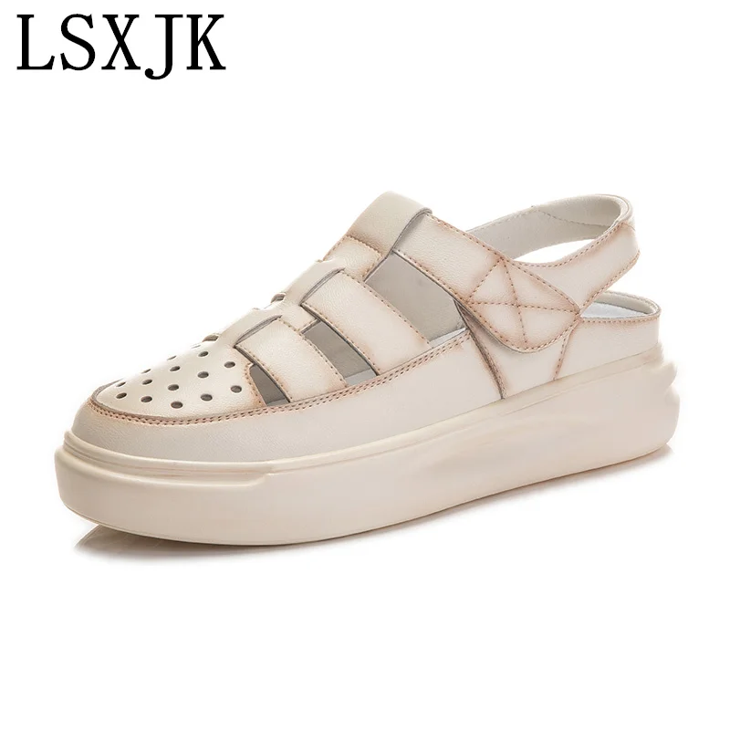 

LSXJK Leather Sandals For Women's Outer Wear 2022 Summer New Women's Flat Roman Shoes Woven Toe Soft Bottom Fashion Women Shoes