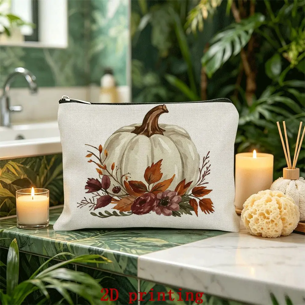 Portable Makeup Bag Autumn Pumpkin Pattern Design Zipper Closure Student Stationery Pouch Cosmetic Storage Wallet Storage Bags