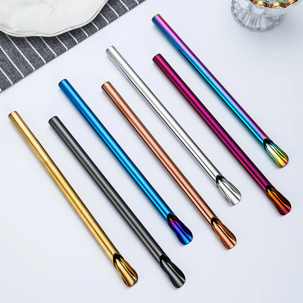 Reusable 304 Stainless Steel Straw Pearl Milkshake Bubble Tea 7Pcs Straw with Brush Bag Set Stirring Smoothie Spoon Shaped Straw