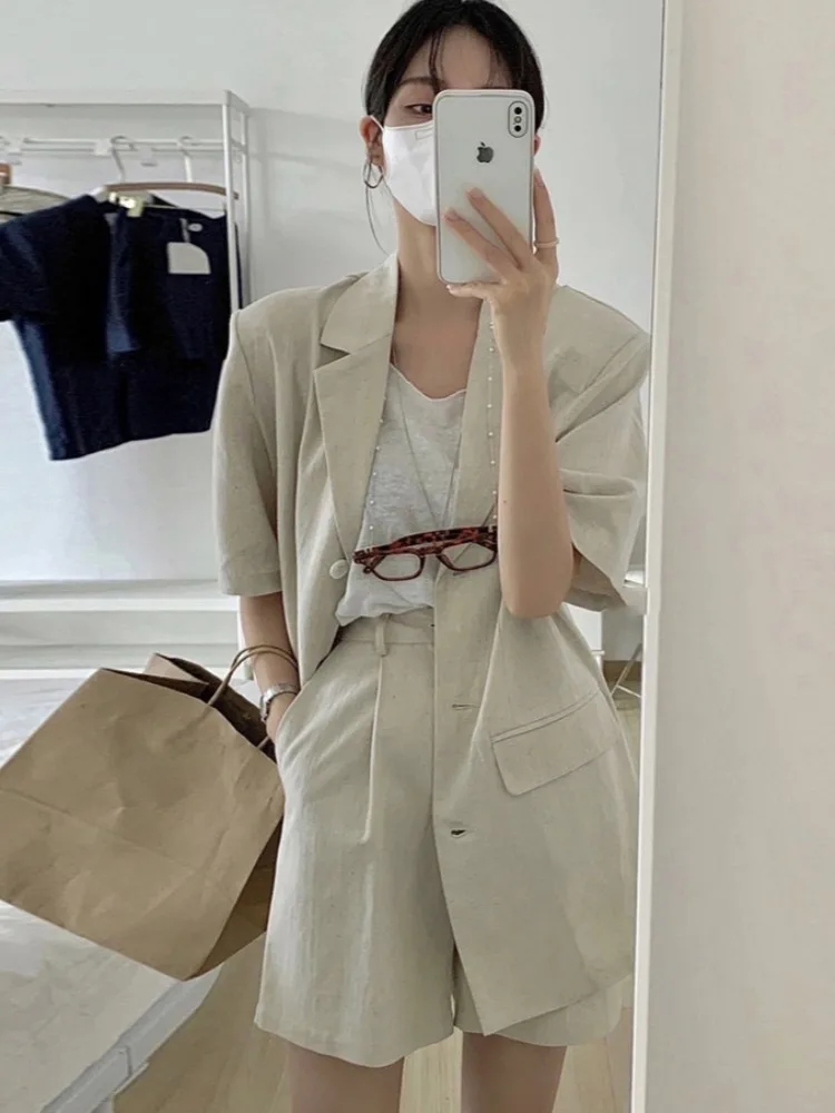 여름 신상 코튼 린넨 반팔 수트 자켓 & 캐주얼 수트 반바지 여성 세트, 젊은 여성을 위한 트렌디한 투피스 앙상블