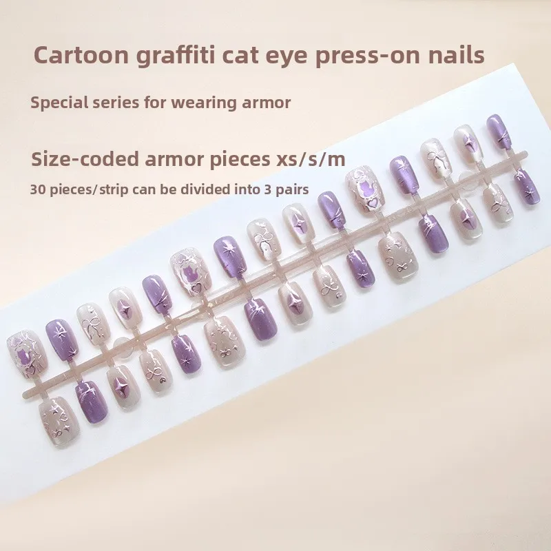 30Pcs Fake Nails Cute Kittens Hearts Bows and Starburst 3D Cat-Eye Designs Press-On Nails Perfect As Gifts for Girls and Friends