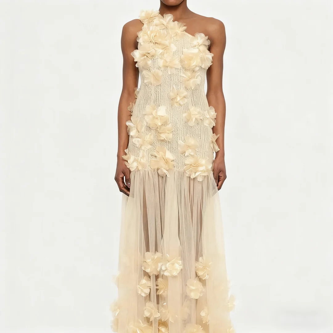 

Appliques Evening Dresses Sleeveless Party Dress Beige One Shoulder Flower Formal Evening Dresses 2025 Customized