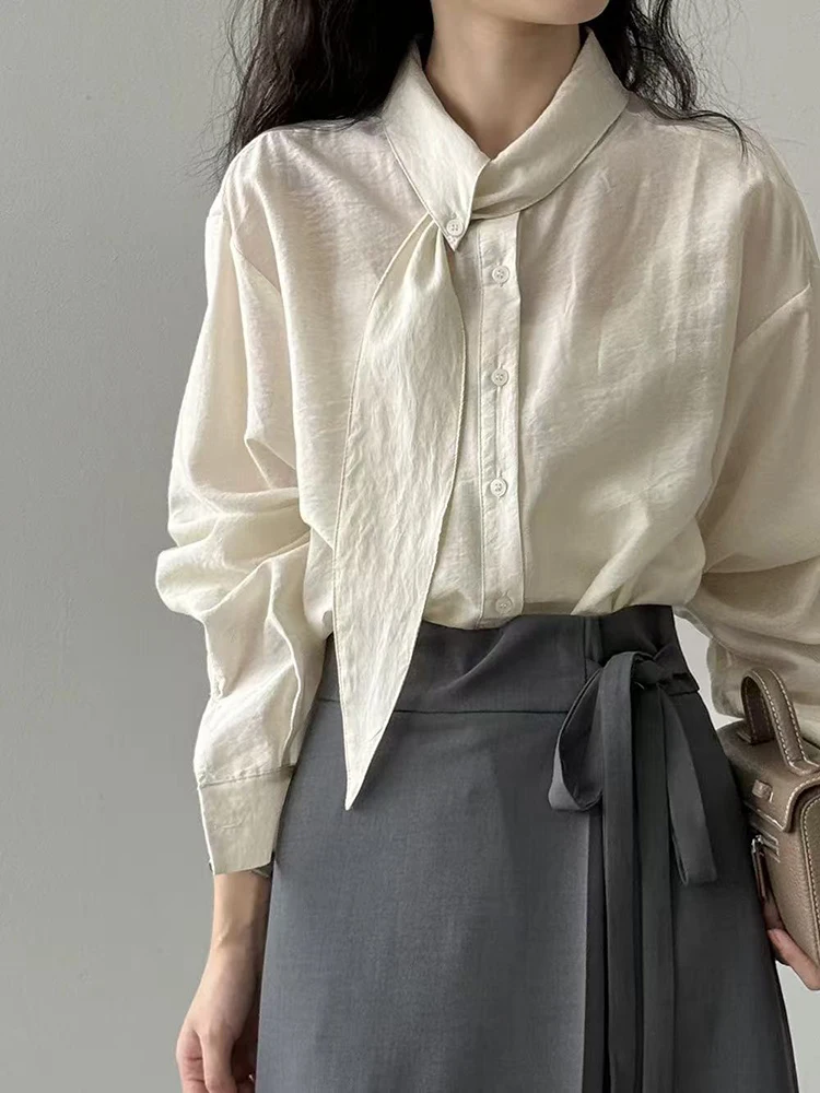 

Korean Chic White Shirt for Women Spring Elegant Scarf Collar Long Sleeve Blouse Fashion Single Breasted Office Lady Solid Tops