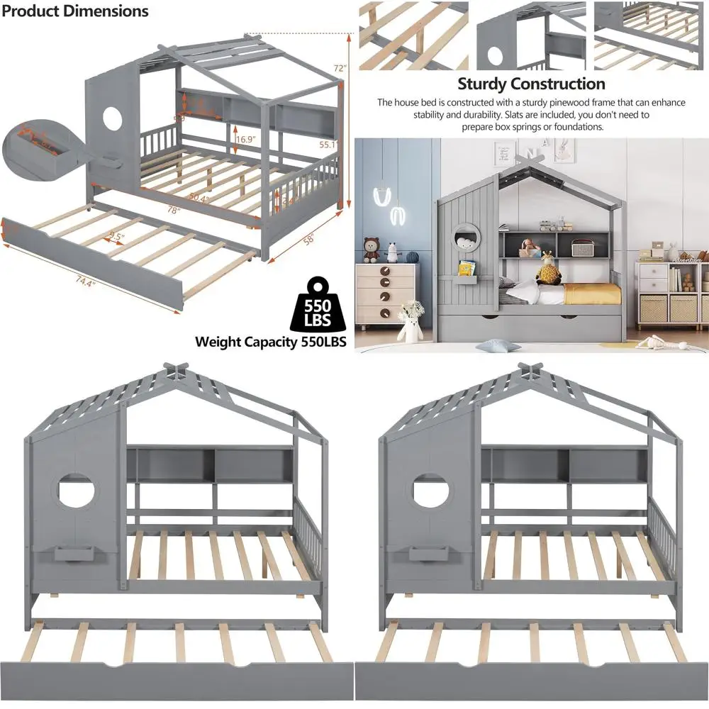 

Gray Kids Full Size House Bed with Trundle, Storage, and Room for Toys