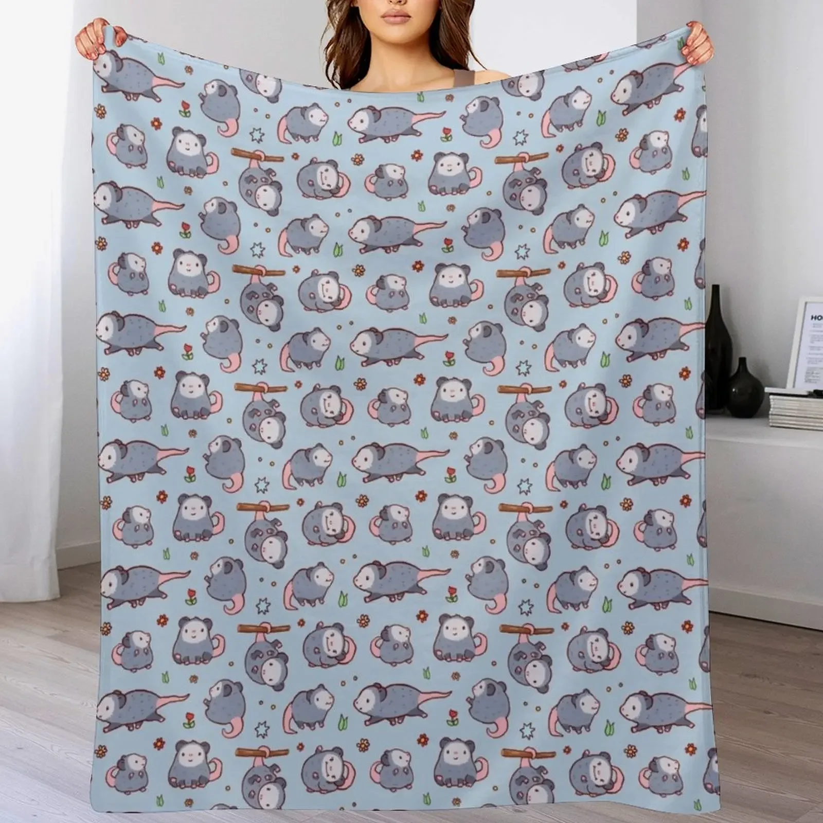 Cute opossum pattern in blue and grey colours, kawaii opossum Throw Blanket Luxury Thicken funny gift halloween Hairys Blankets