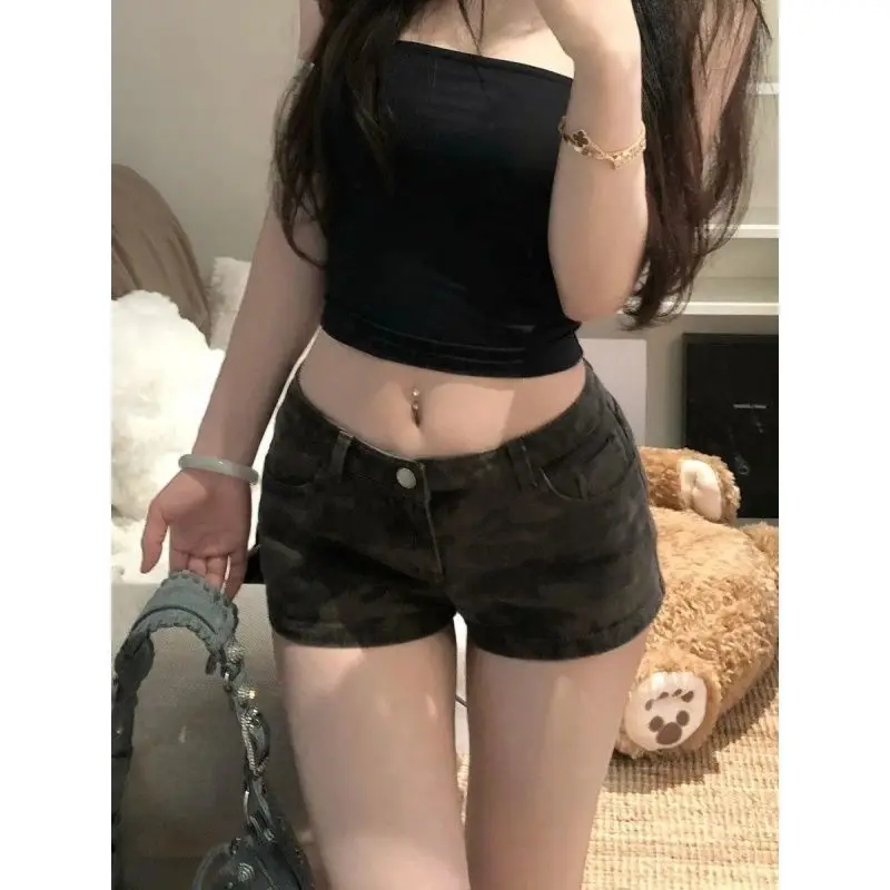 American Retro Camouflage Ultra Short Jeans for Spicy Women Low Waist Tight Fit Slimming Straight Leg Pants