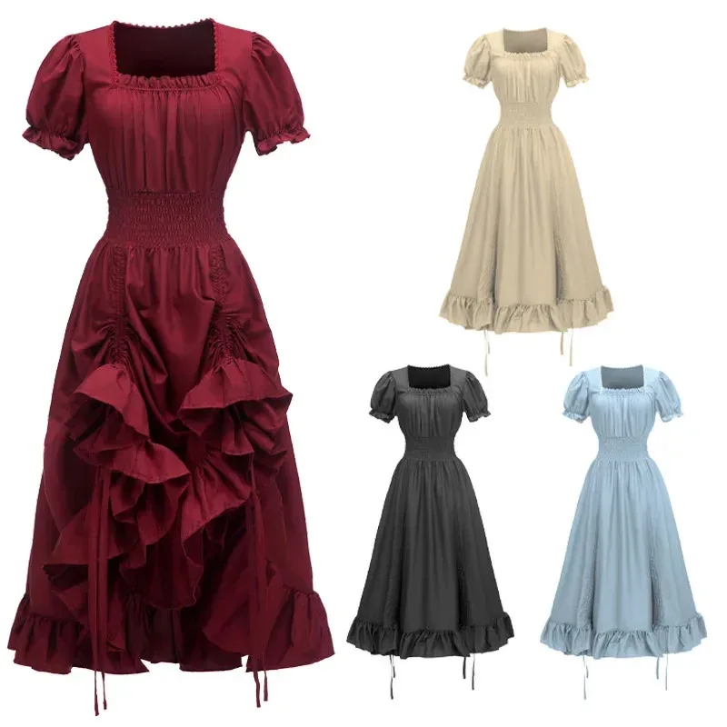 

Elegant Medieval Retro Renaissance Dress Boho Short Sleeves Off Shoulder Smocked Waist Retro Pleated Long Dress Costume Gown