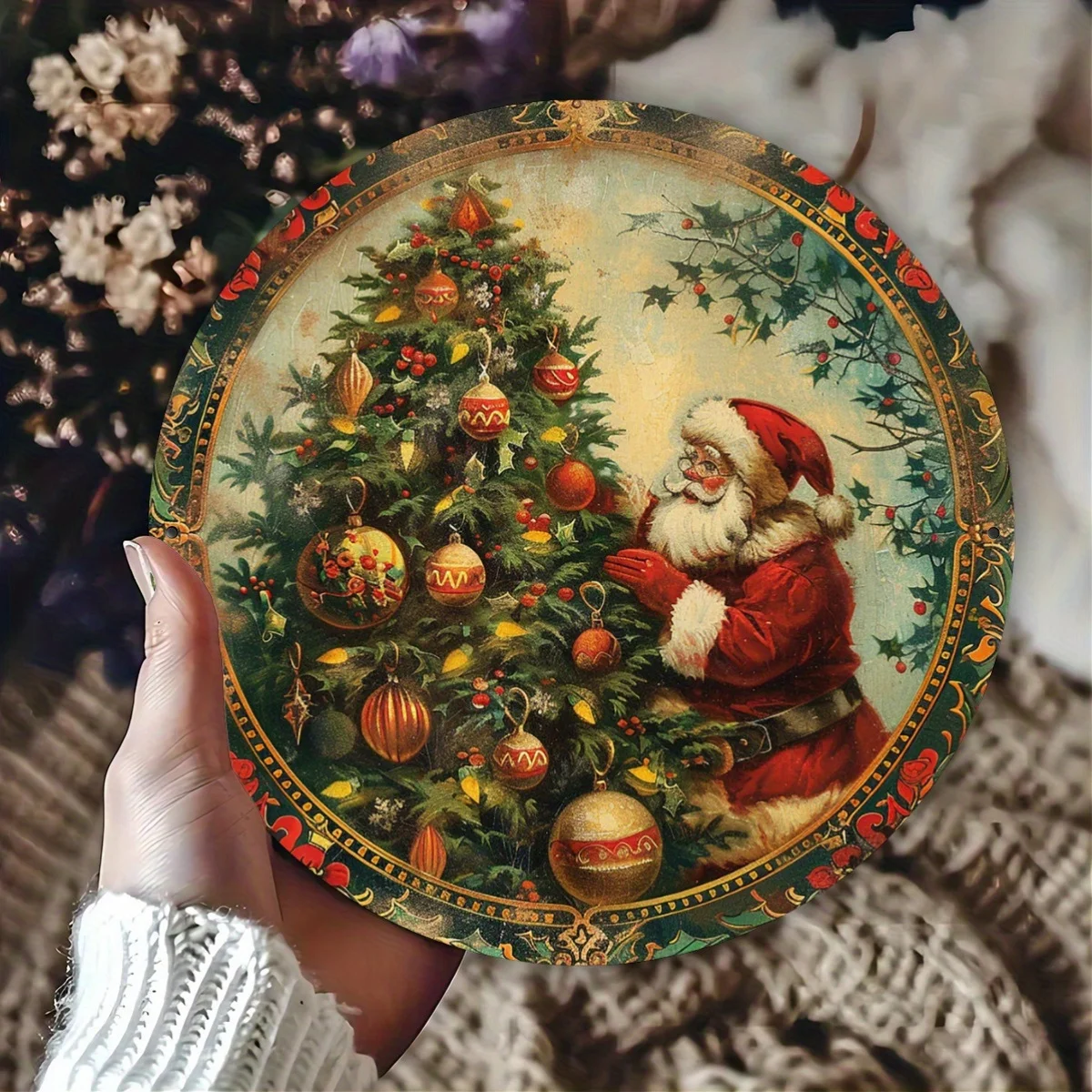 2D Flat 1pc 20x20cm Round Vintage Metal Tin Sign Santa Claus Christmas Tree Retro Xmas Wall Decor Plaque