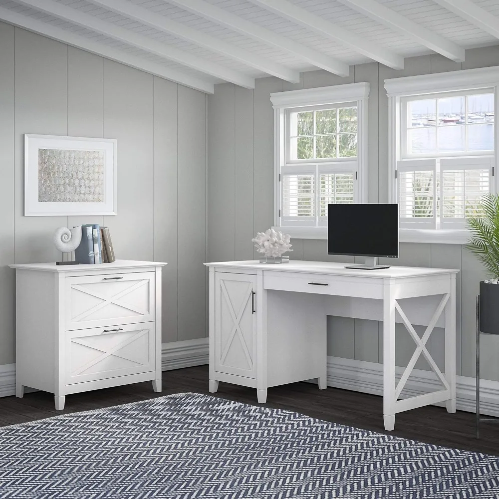 Key West 54W Computer Desk with Storage and 2 Drawer Lateral File Cabinet in Pure White Oak office furniture  computer table