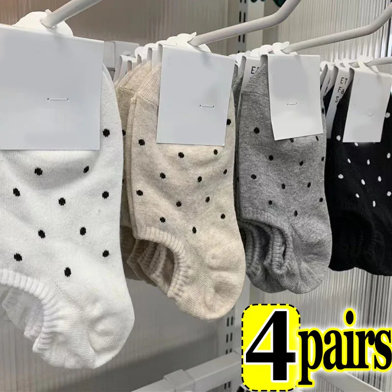 4pairs Polka Dot Socks Black White Spotted Short Sock Pure Cotton Ankle Stocking Spring Summer Retro Girl Sox Hosiery Japanese