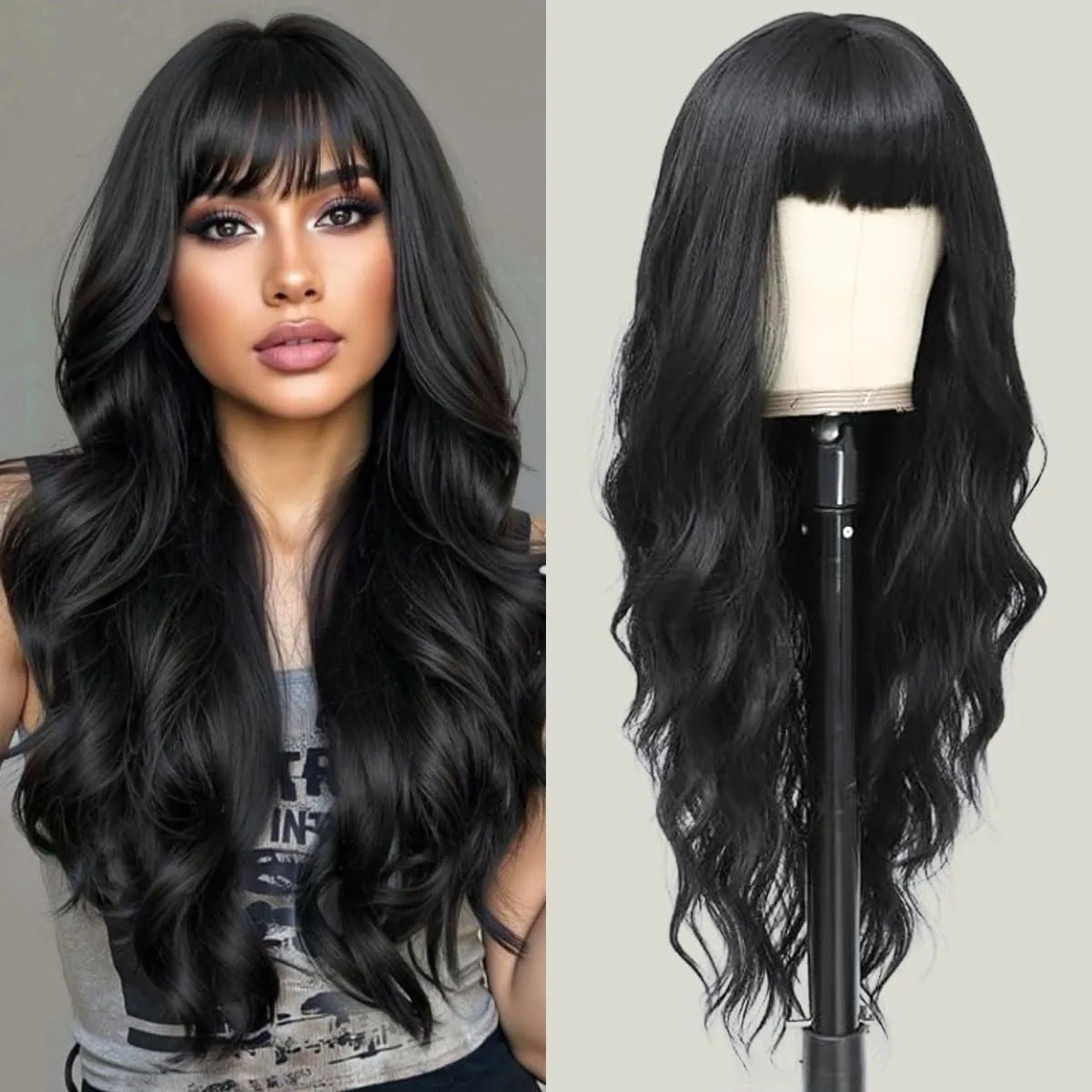 Black Wavy Synthetic Wig - Halloween Party Cosplay Character Costume Wig - Daily Wig - Heat-Resistant Hair Accessory