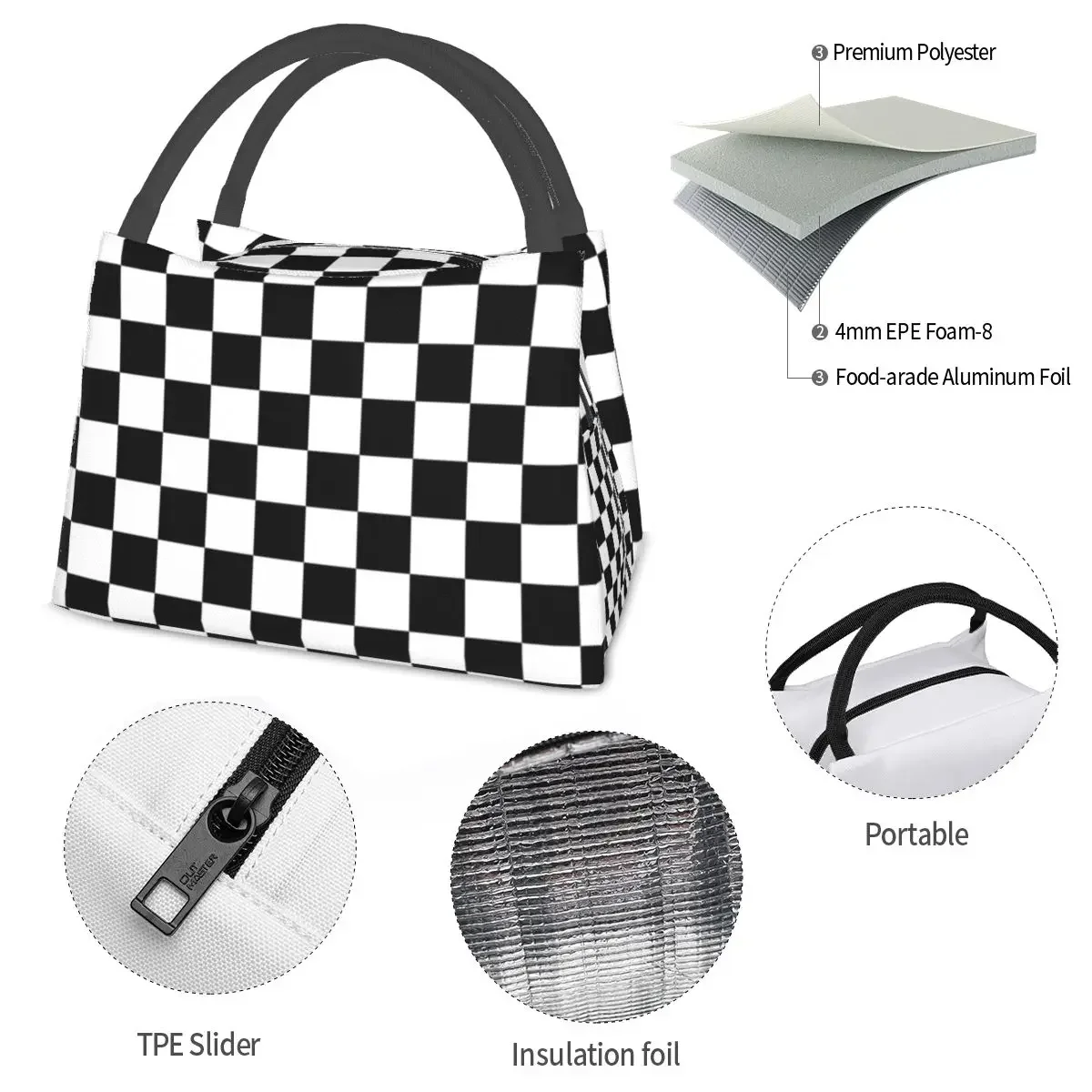 Black Checkerboard Lunch Bag Classic Black and White Checker Lunch Box Office Graphic Cooler Bag Funny Waterproof Tote Food Bags