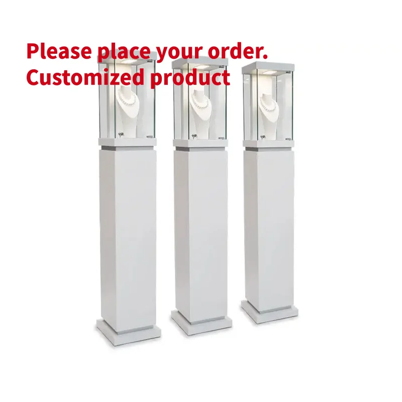 custom.White Tall Pedestal LED Top Light Four Sides Glass Jewellery Display Stand Boutique Showcase Cabinet