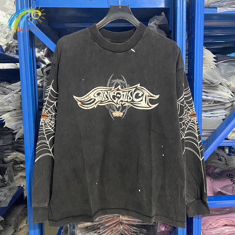 

High Street Vintage Washed Black Damaged Hole Splashed Ink Saint Long-Sleeved T Shirt Men Women Logo Print T-Shirt Top Oversized