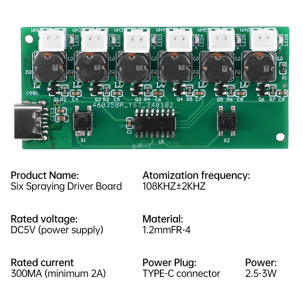 Seis Spray Módulo Umidificador, Tipo-C, USB, Mini Kits DIY, Névoa Criador, Driver Circuit Board, Ultrasonic Atomizador, DC 5V