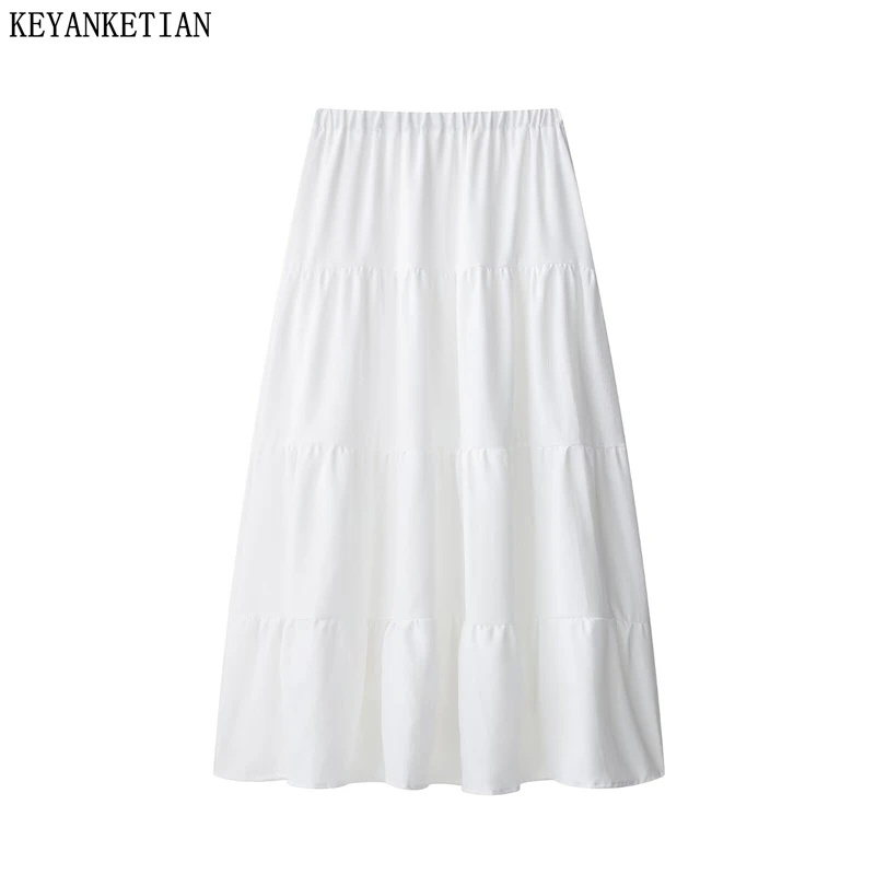 

KEYANKETIAN 2025 Summer New Women Poplin White MIDI skirt Holiday wind Elastic Waist Tiered Ruffles Patchwork A Line Long Skirt