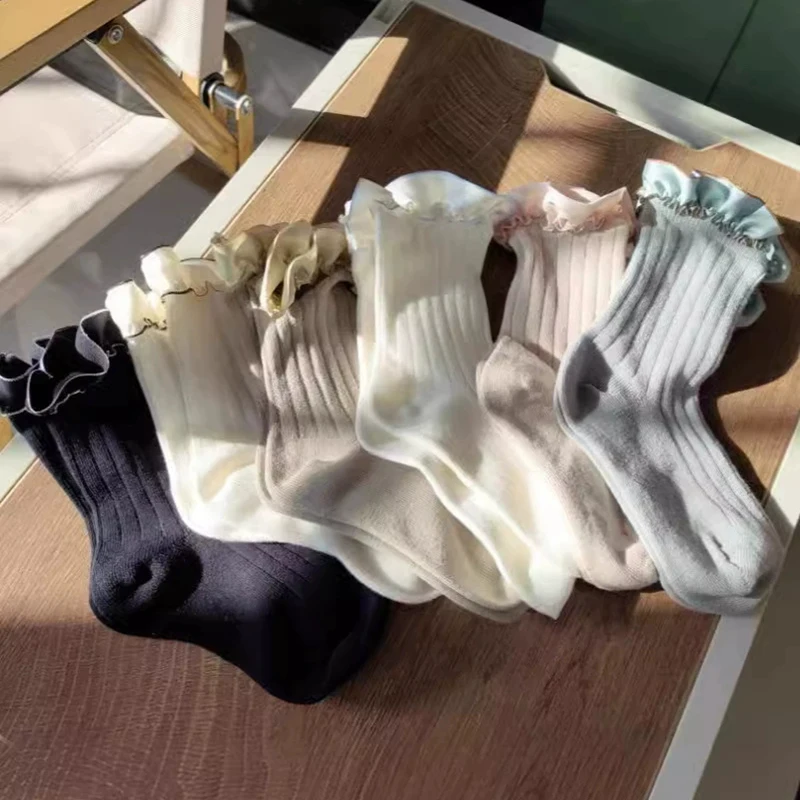 Meias de algodão para bebês, meias tubo para recém-nascidos com acabamento em renda, meias curtas com nervuras, aquecedores de pernas para meninas, primavera verão, infantil, princesa, espanhol