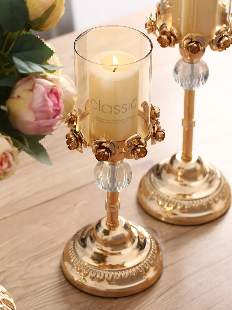 

Light Luxury Metal Crystal Glass Rose Candle Holder High European Dining Table Home Decoration Ornament Candlestick Подсвечник